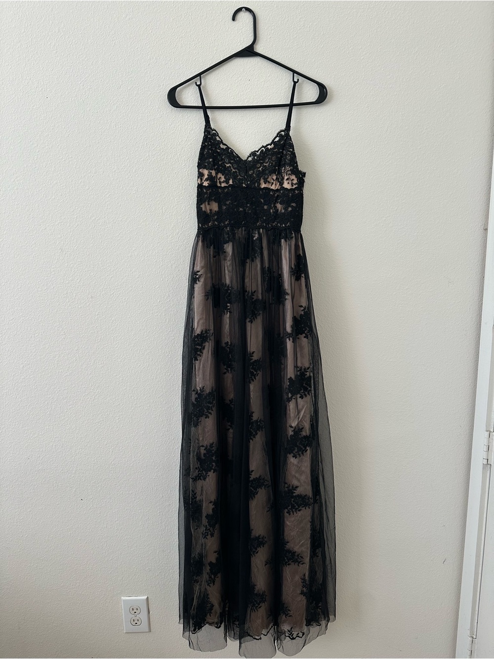 Lulu's Black Lace Maxi Dress with Nude Slip